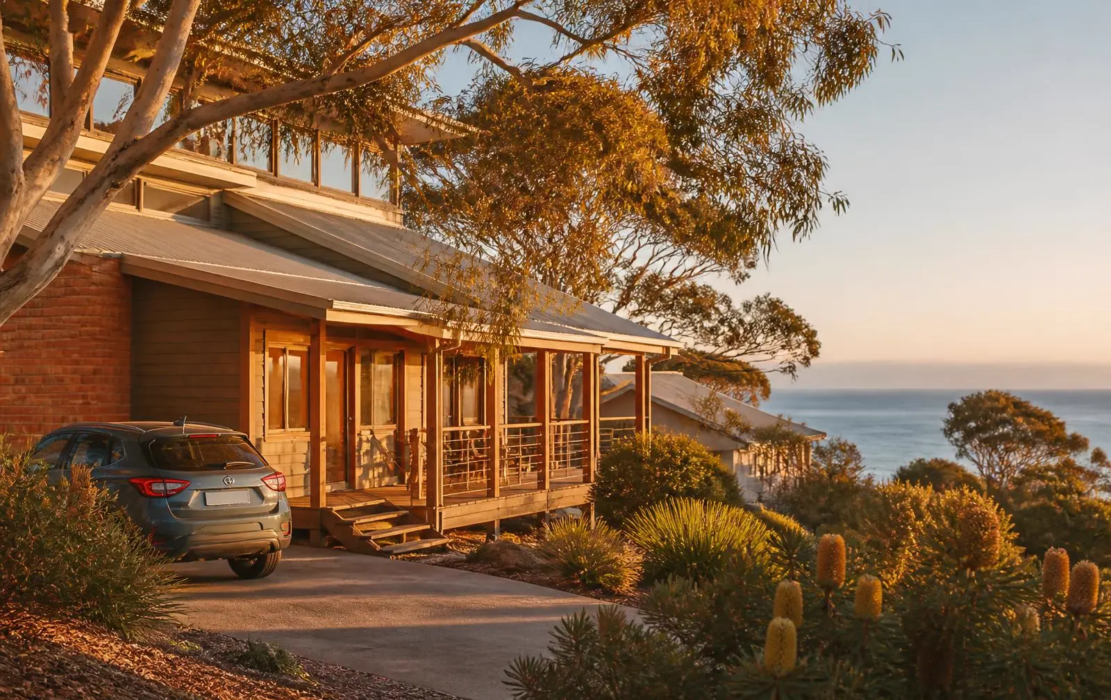 Sunlit Australian coastal rental home with a car in the driveway